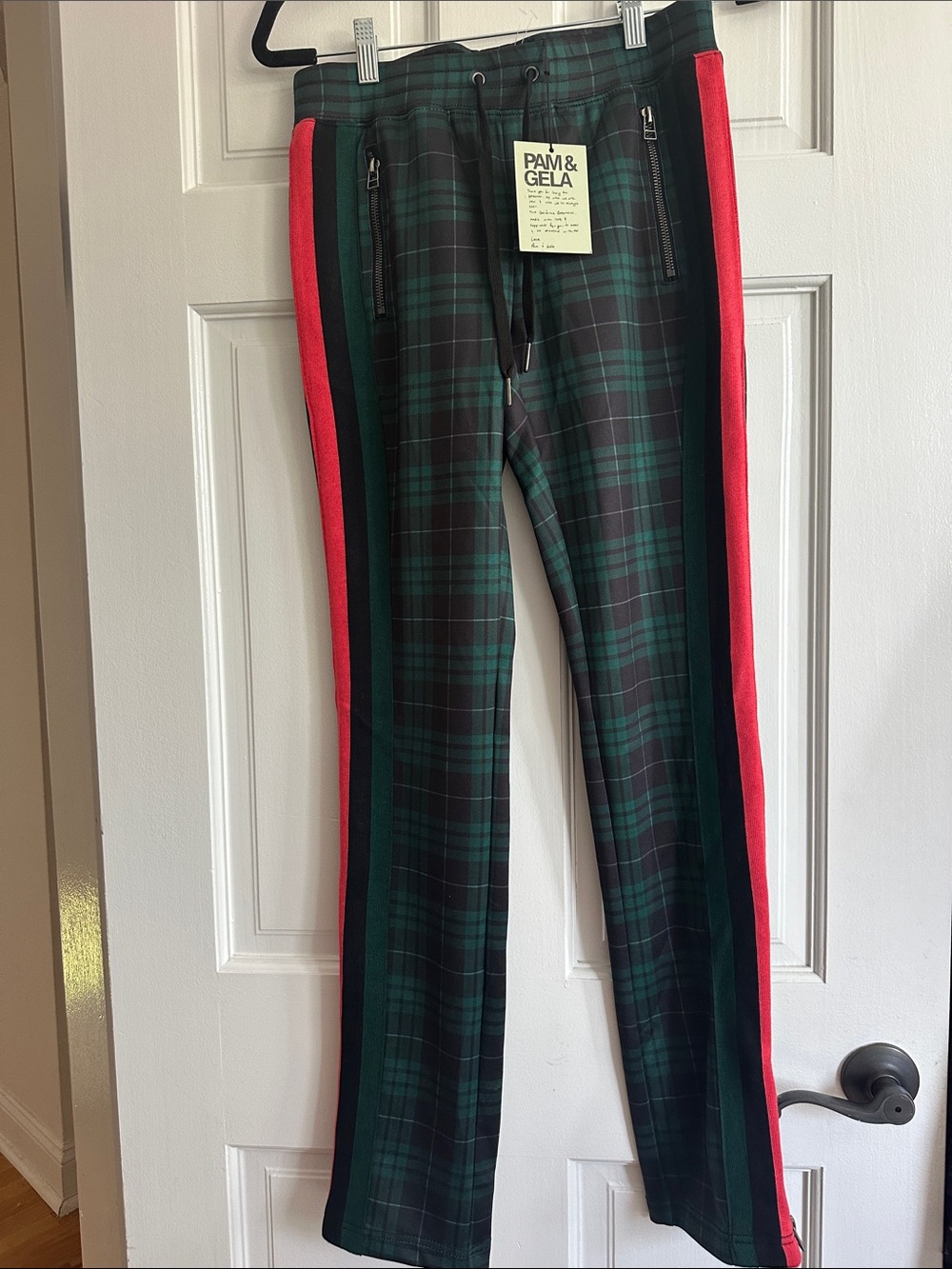 Pam & Gela Black and Green Plaid Joggers with Red Stripe new